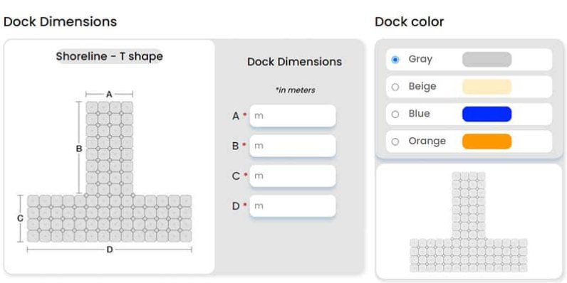 BulDock 2D dock configurator showing dock shape, dimensions and colour options