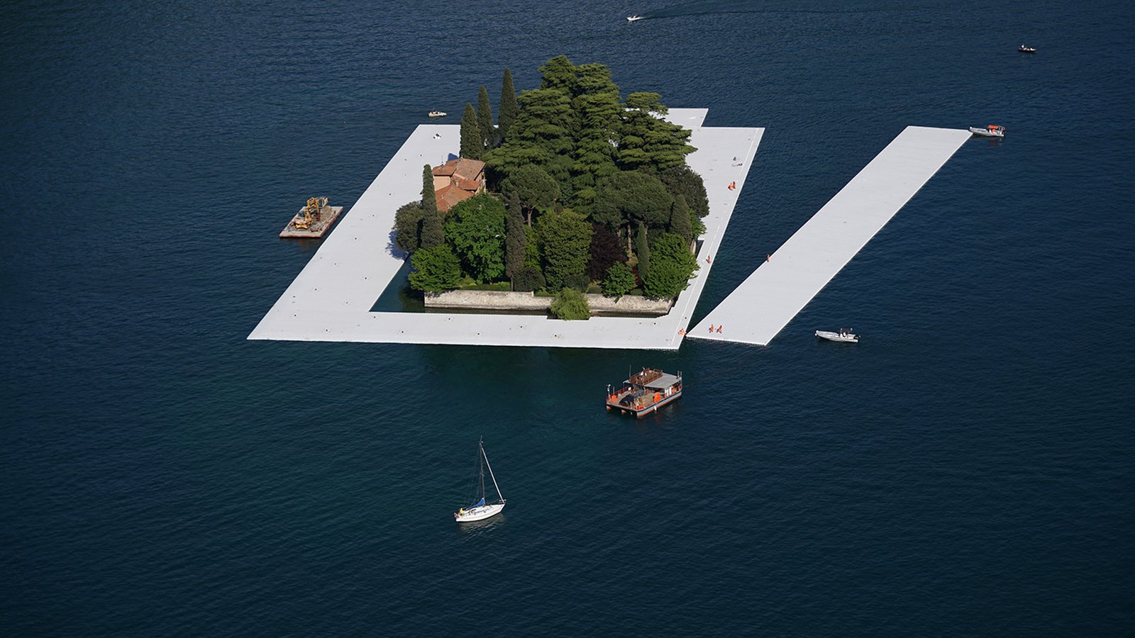 Large BulDock floating walkway system installed on a lake, seen from the air