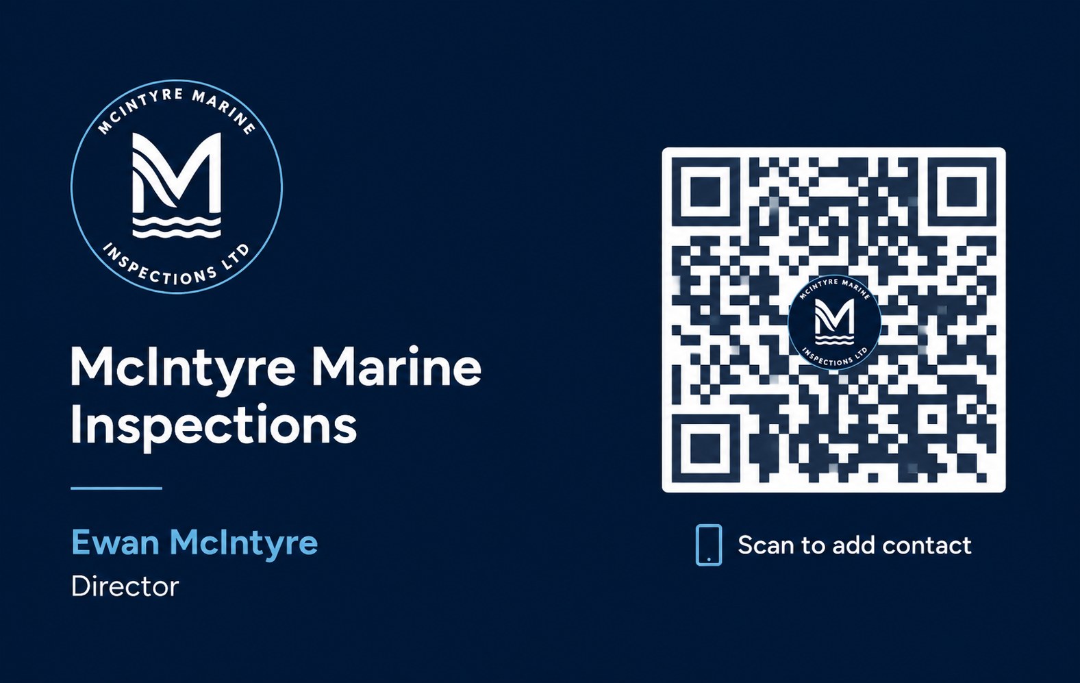 McIntyre Marine Inspections digital business card — Ewan McIntyre, Director, with a QR code to add the contact