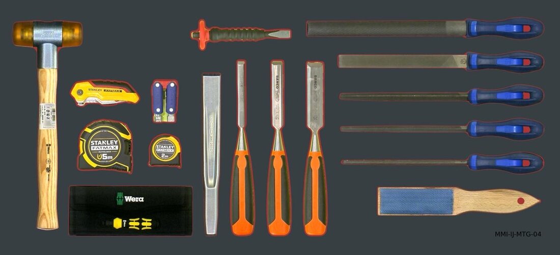 MMI-IJ-MTG foam layout — hammer, chisels, files and measuring tools